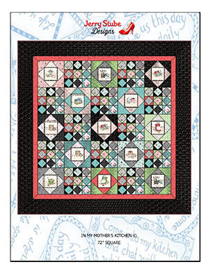 In My Mother's Kitchen is a darling 72" square quilt featuring retro kitchen appliances such as a red mixer and ceramic bowls.  While it appears to have a lot of triangles in it, secretly it does NOT have ANY triangle to cut.  A fun quilt.  Includes all the fabric for the top including the binding.